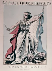 Personification of the French Republic as Louise Michel trampling on the heads of Louis Adolphe Thiers and Napoleon III